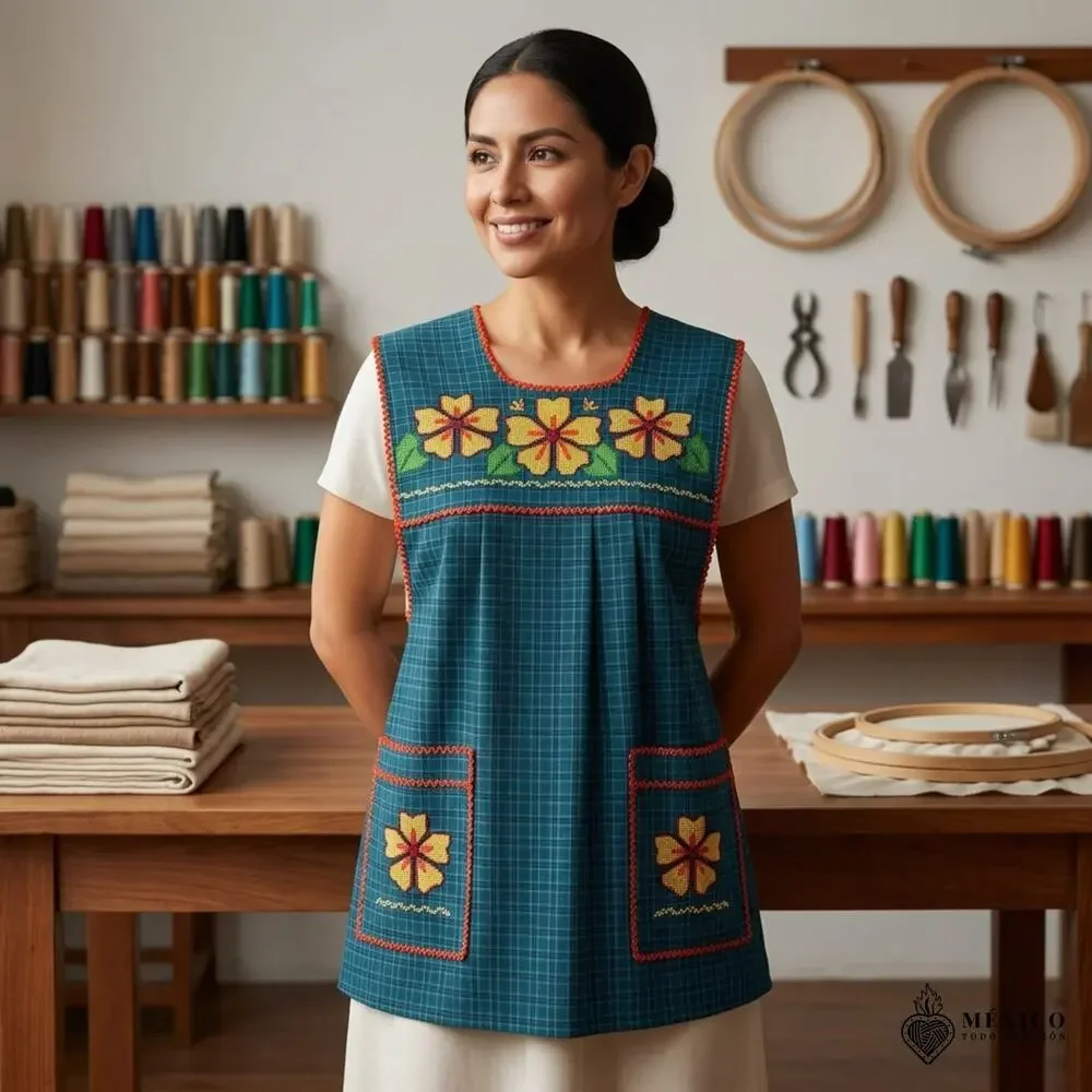 Traditional Mexican Cross-Stitch Embroidered Apron – Deluxe Artisan Smock Style